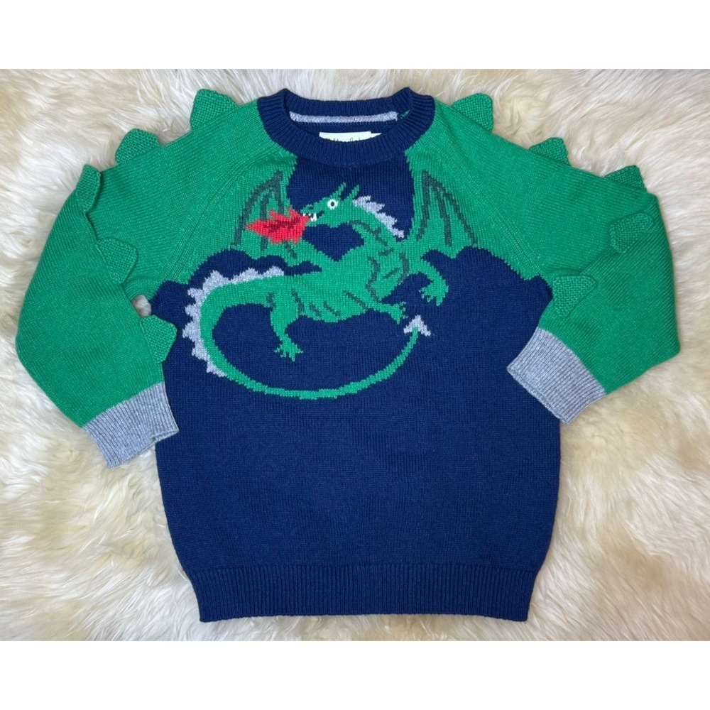 Mini Boden Dragon Sweater 3-4Y Navy Green Spikes Knit Pullover Fantasy Whimsical
